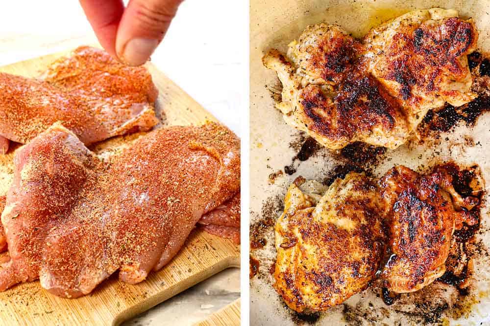 showing how to make jambalaya by seasoning the chicken with Cajun seasoning then cooking in the pan