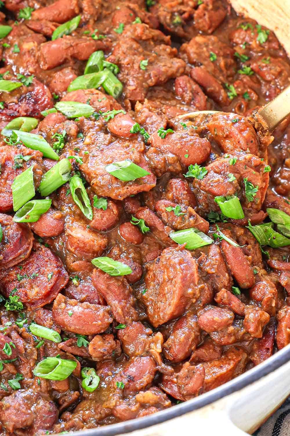 up close of Cajun red beans and rice showing how creamy it is