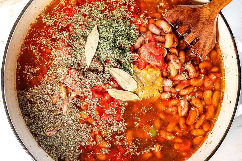 showing how to make red beans and rice by adding the beans, tomatoes, spices, and water to the pot