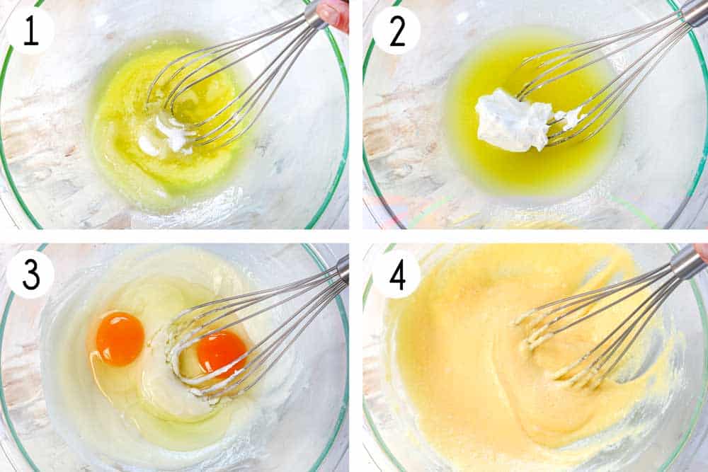 a collage showing how to make skillet cornbread by 1. Whisking the sugar with the butter, whisking in the sour cream, whisking in the eggs