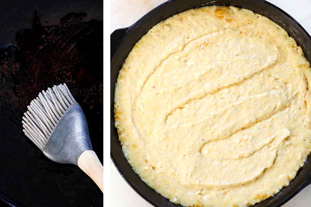 showing how to make skillet cornbread by brushing the cast iron skillet with butter, then adding the batter and baking