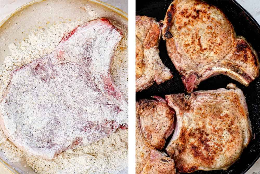 showing how to make smothered pork chops by dredging the chops in flour, then searing in a skillet