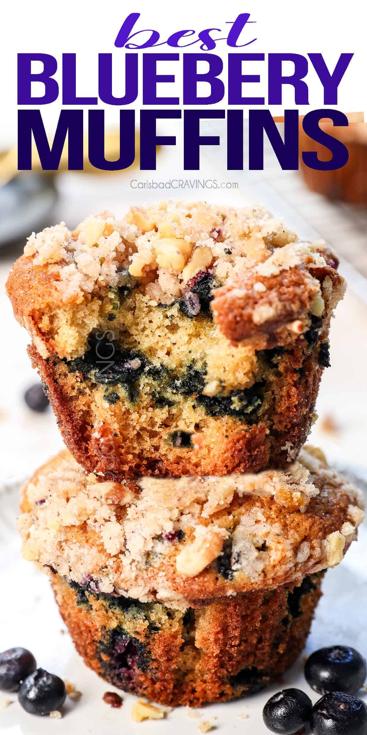 up close of blueberry muffin recipe with a bit taken out showing how moist and tender the muffins are