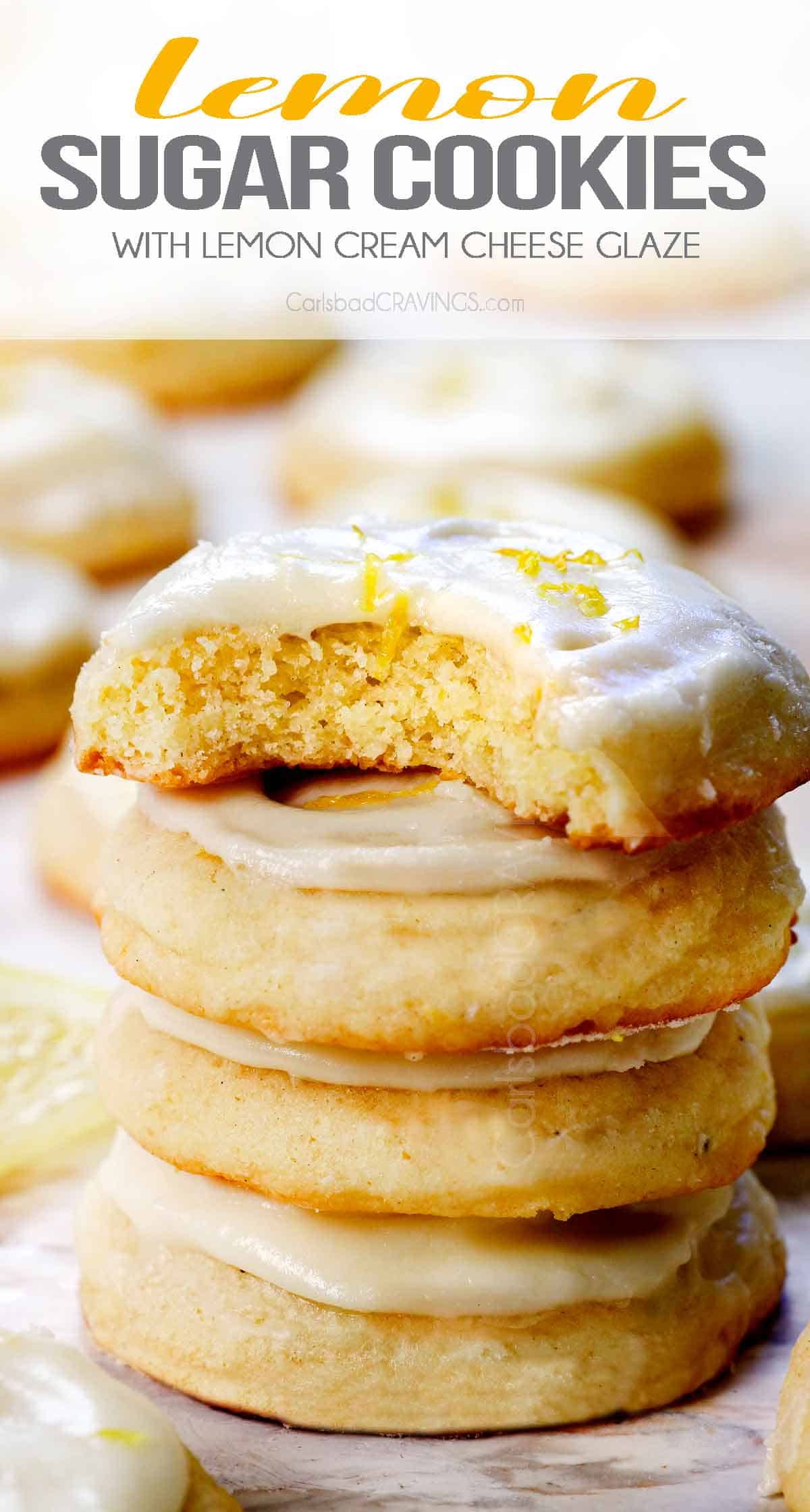 up close of stacked lemon cookies showing how thick, soft and chewy they are