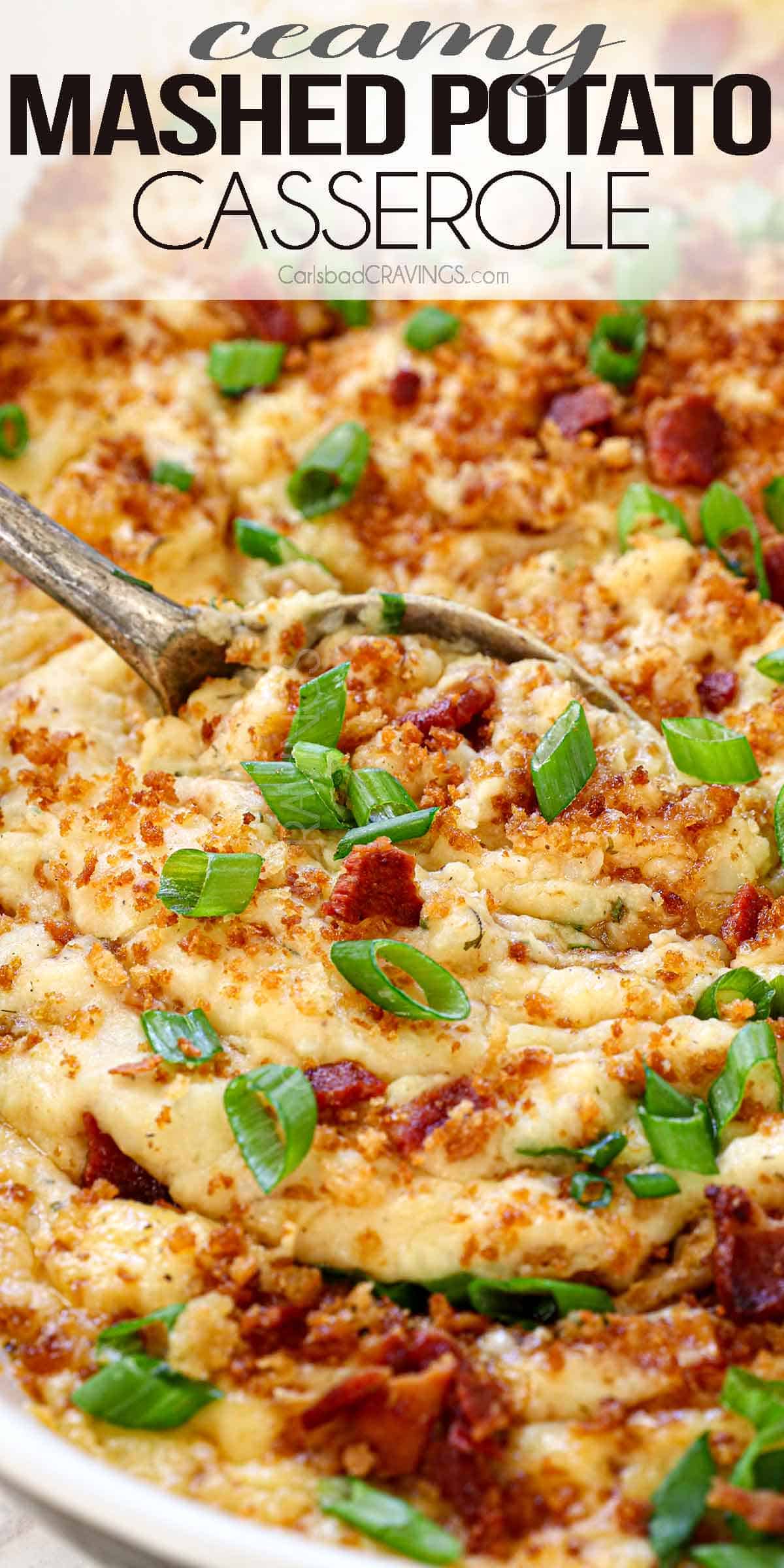 up close of mashed potato casserole showing how creamy it is