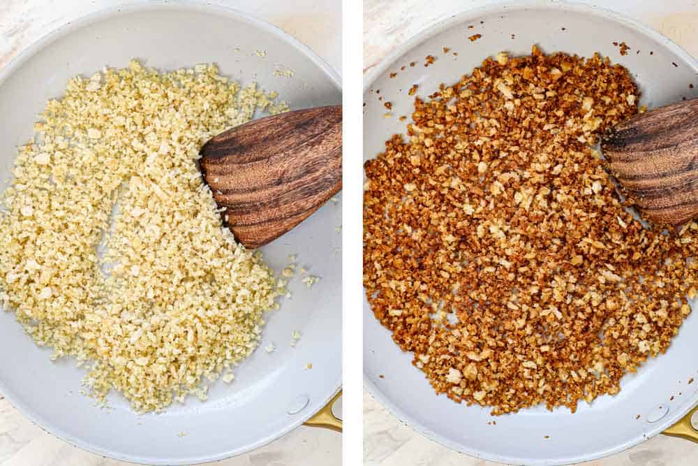 a collage showing how to make mashed potato casserole by toasting the panko in a skillet