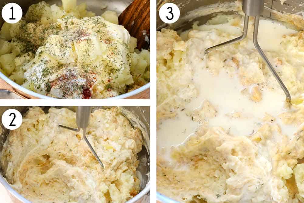 a collage showing how to make smashed potato casserole by mashing cooked potatoes with sour cream, cream cheese, butter, and spices, then adding the milk