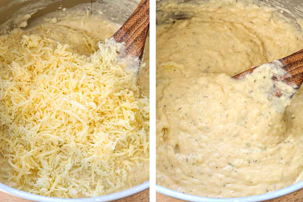 a collage showing how to make mashed potato casserole by stirring in cheeses