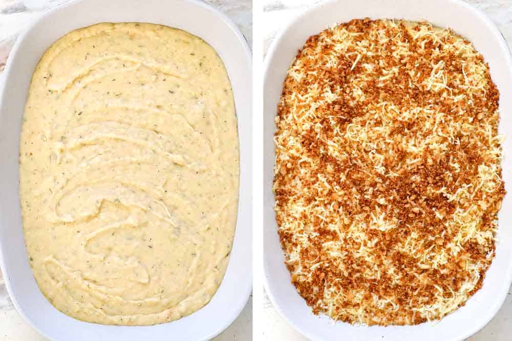 a collage showing how to make mashed potato casserole recipe by adding the mashed potatoes to a casserole dish, then topping with cheeses and panko