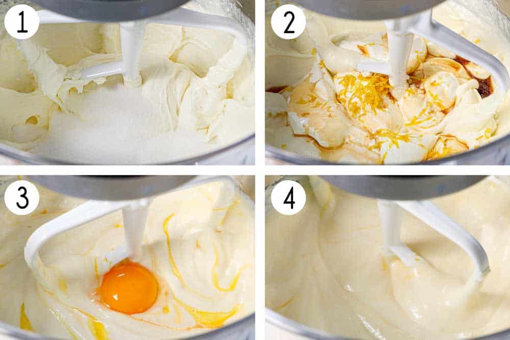 a collage showing how to make mini cheesecake recipe by mixing cream cheese and sugar together, then adding the lemon zest, sour cream, and vanilla extract, then adding the eggs, and beating until smooth and creamy