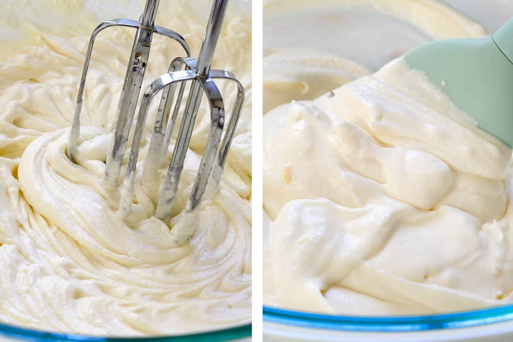 showing how to make ambrosia salad by whipping the heavy cream, cream of coconut, vanilla extract to stiff peaks then folding in the lemon zest