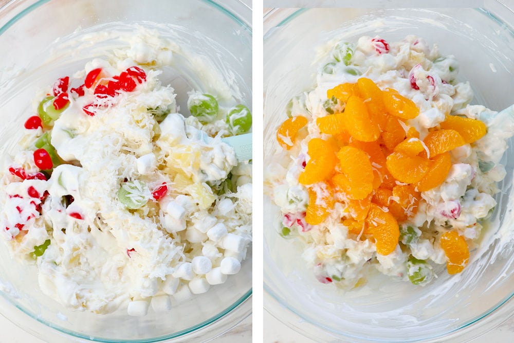 showing how to make ambrosia salad recipe by folding the fruit, marshmallows, and coconut with the dressing