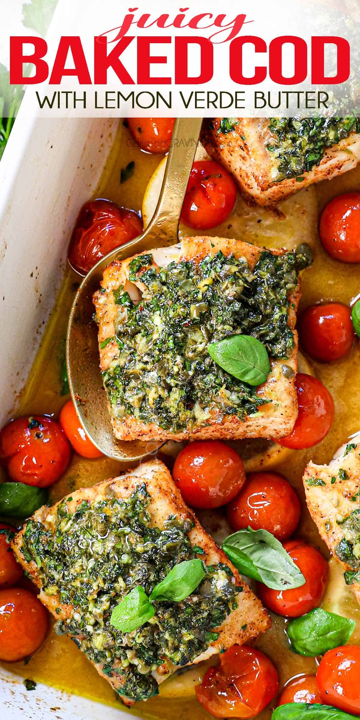 top view of baked cod recipe baked with lemon and garlic