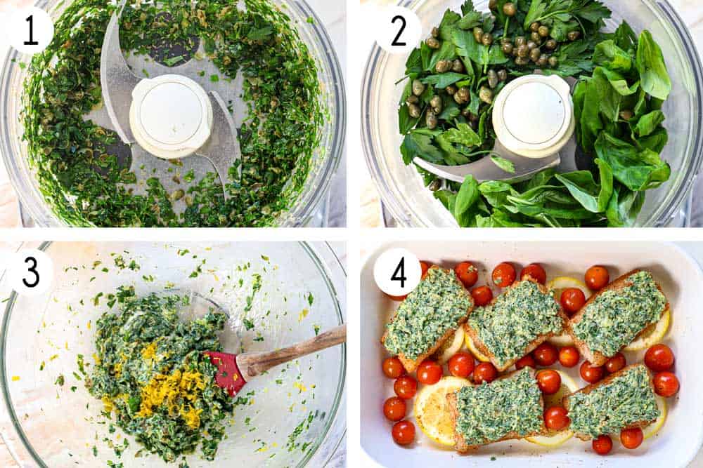 a collage showing how to bake cod by adding the parsley, basil and capers to a food processor and chopping, then adding to a bowl with butter and lemon zest