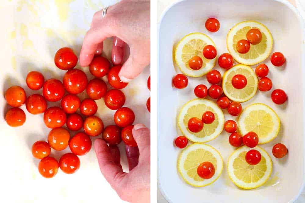 showing how to bake cod by tossing cherry tomatoes with olive oil, then lining the pan with lemon slices