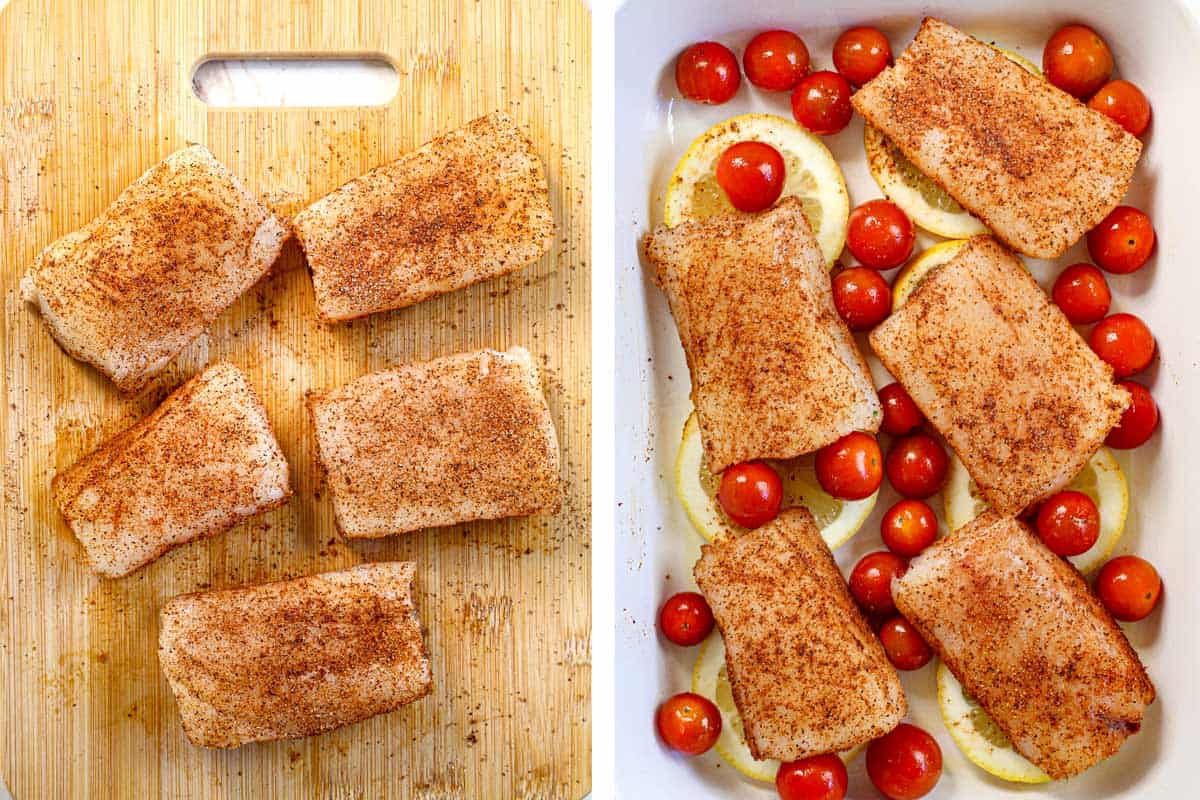 a collage showing how to bake cod by seasoning the cod fillets with spices, then placing the fillets over the lemon slices and tomatoes