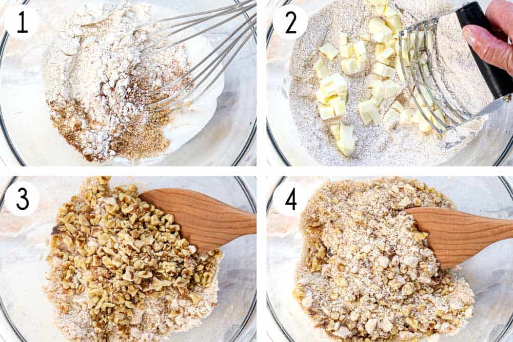 a collage showing how to make blueberry muffins by making the topping by mixing flour, brown sugar, granulated sugar, and cinnamon together in a bowl, then cutting in the butter to pea size crumbs, then stirring in the walnuts