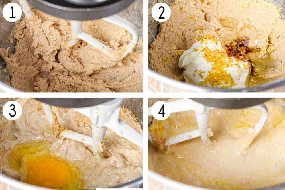 a collage showing how to make blueberry muffins by creaming the butter and sugars, then adding the sour cream, oil, vanilla, and lemon zest, then adding the eggs and beating until combined