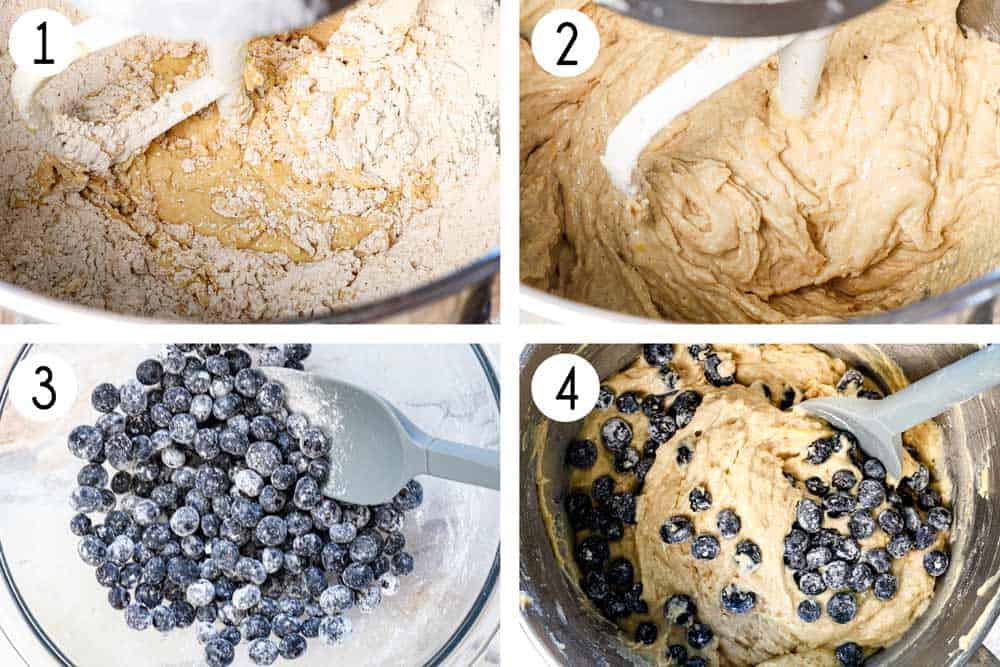 a collage showing how to make blueberry muffins adding the dry ingredients alternating with the milk, then stirring the blueberries with flour, then folding them into the batter