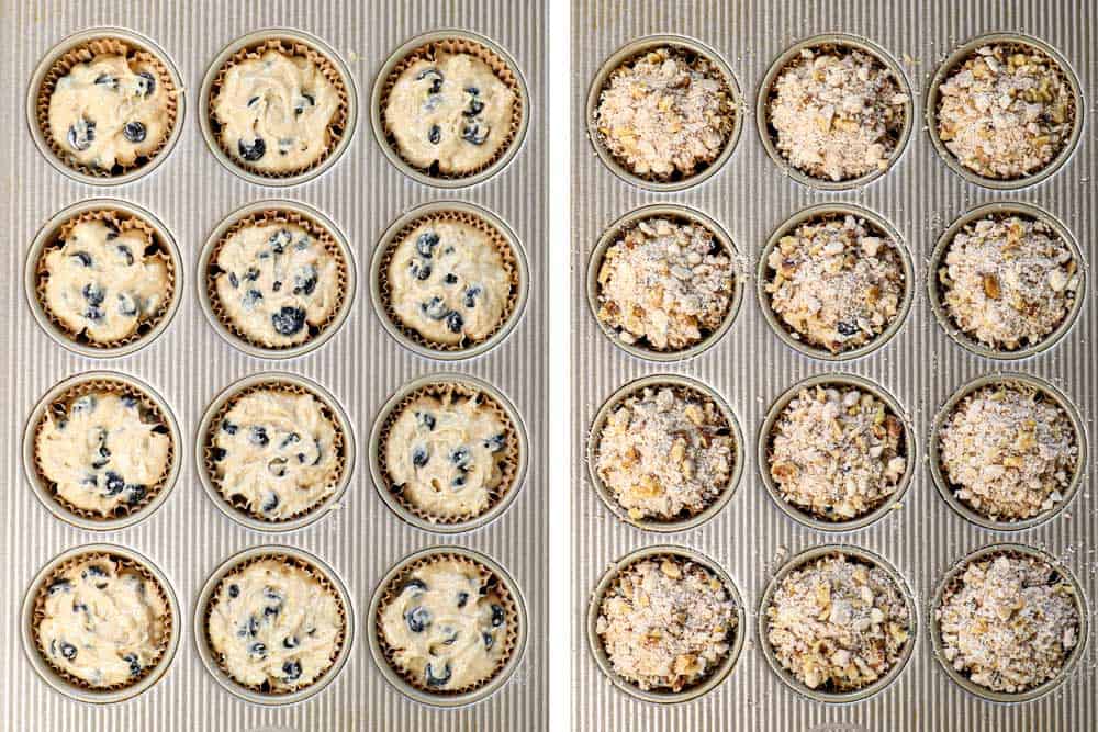 a collage showing how to make blueberry muffins by adding the batter to cupcake liners, then topping with streusel