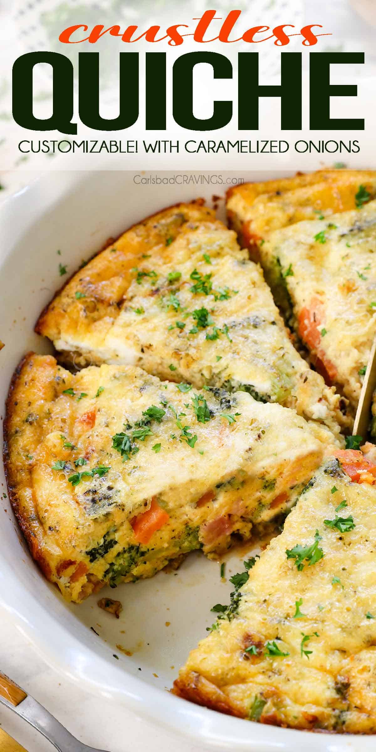 up close of crustless quiche recipe with slices showing the creamy interior