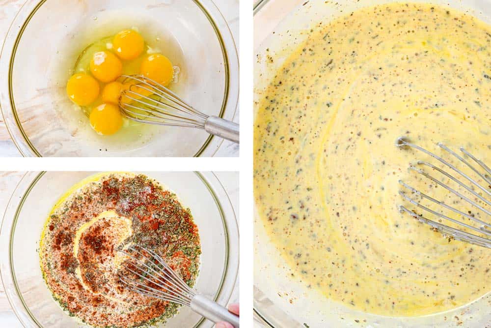 a collage showing how to make crustless quiche recipe by whisking the eggs together, then the spices, then the heavy cream to make the custard