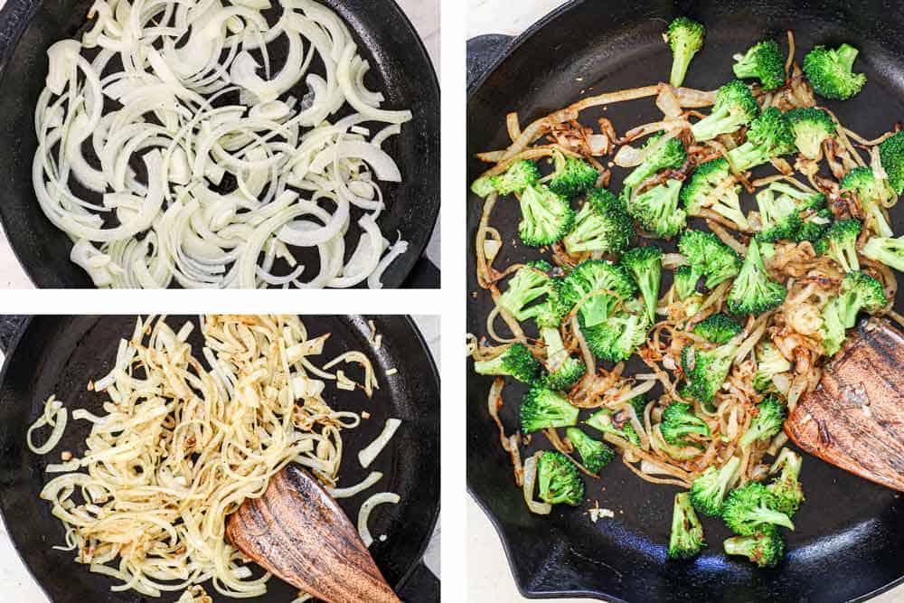 showing how to make crustless quiche recipe by caramelizing the onions, then cooking the broccoli and garlic in a skillet