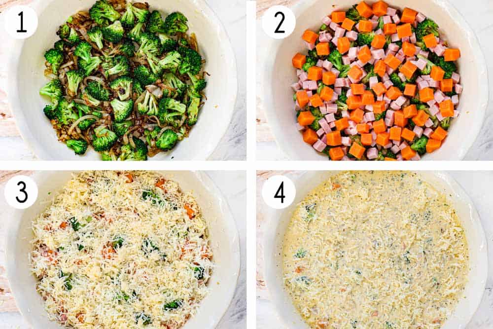 a collage showing how to make crustless quiche by assembling: 1) adding broccoli and onions to the pie pan, adding potatoes and ham, 3) adding the cheeses, 4) adding the egg custard and topping with cheese
