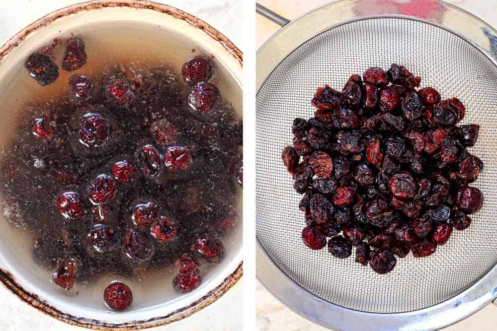 showing how to make hot cross buns by soaking the raisins or currants in hot water, then draining