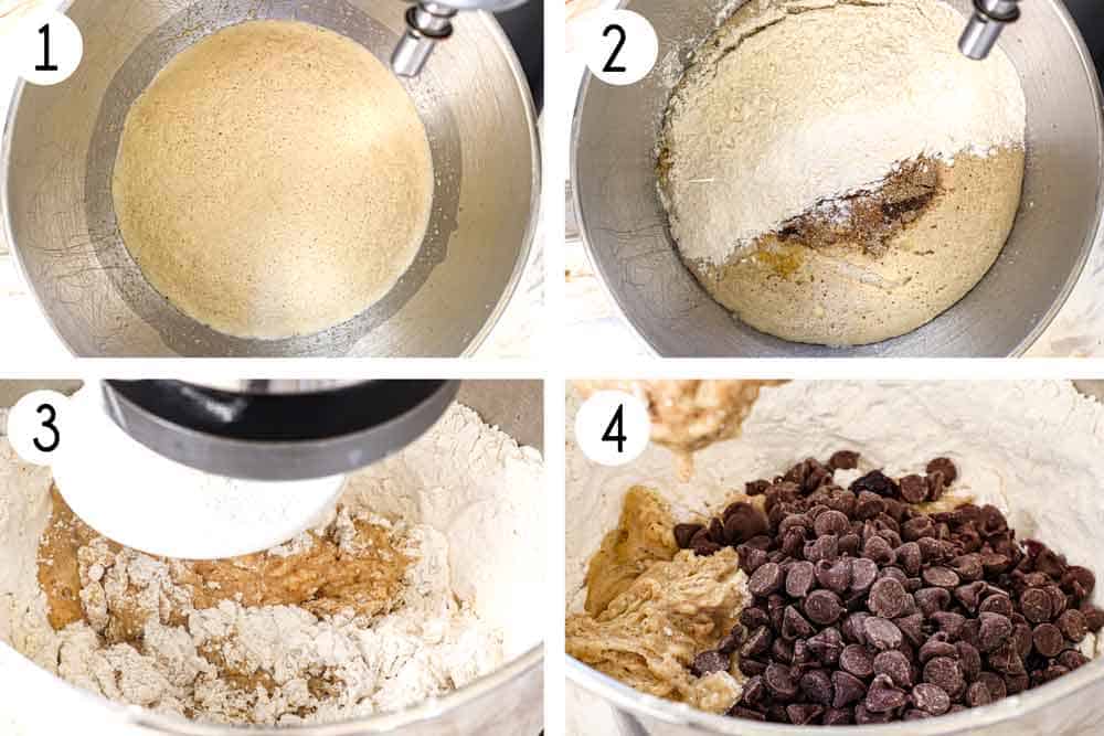 a collage showing how to make hot cross buns by proofing the yeast, then adding some flour, sugar, butter, egg, vanilla and zest