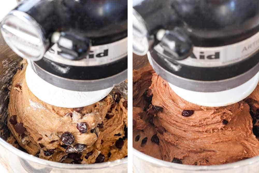 showing how to make hot cross buns by kneading for 2 minutes, then kneading until the dough pulls away from the sides of the bowl