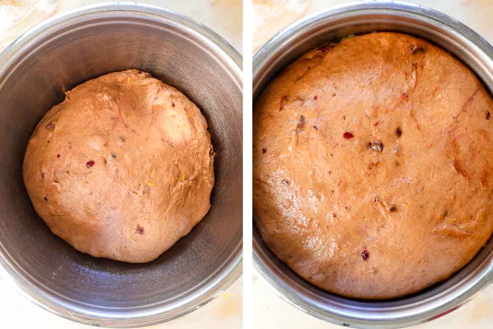 showing how to make hot cross buns with a before and after of the first rise, showing how much the dough will rise in a bowl