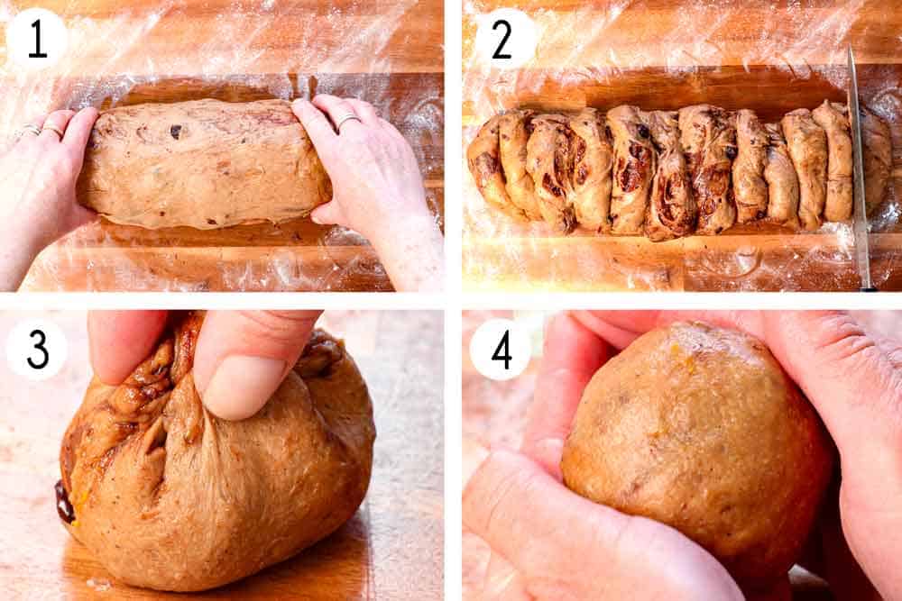 a collage showing how to make hot cross buns by shaping the dough into a log, then cutting into 12 equal pieces, then making dough balls by tucking the edges under, then rolling into a ball