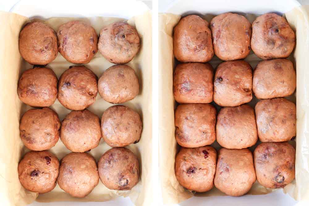 a collage showing how to make hot cross buns by showing the buns before and after the second rise to show how much they should rise