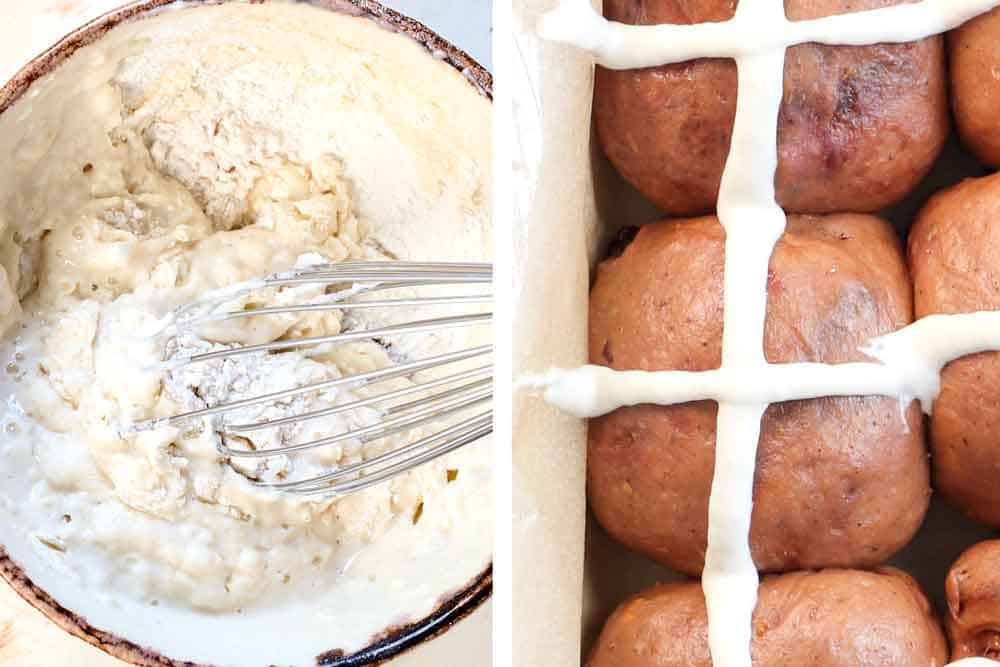 showing how to make hot cross buns by piping the flour cross onto the buns