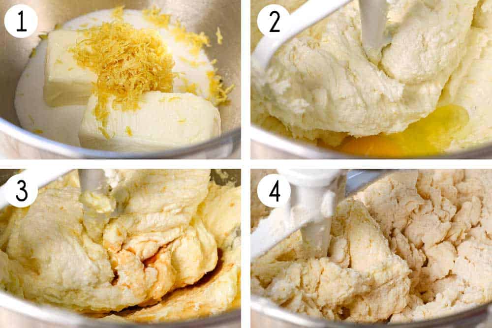 a collage showing how to make lemon cookies by creaming the butter, sugar and lemon zest together, then beating in the egg and egg yolk, then beating in the vanill and lemon juice, then beating in the flour, baking soda and baking powder