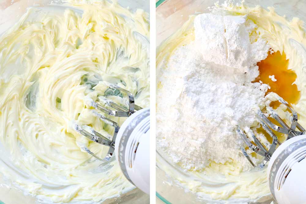 showing how to make lemon cookies by making the glaze by beating the cream cheese and butter together until smooth, then adding the lemon juice, powdered sugar, and vanilla