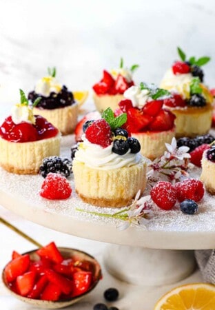 showing how to serve mini cheesecake recipe on a pedestal with various toppings