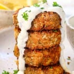 showing how to serve fried salmon croquettes by serving with dip