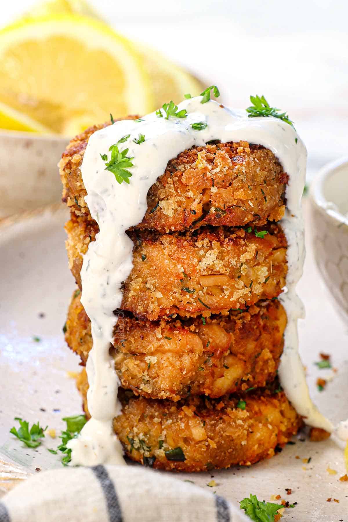 showing how to serve fried salmon croquettes by serving with dip
