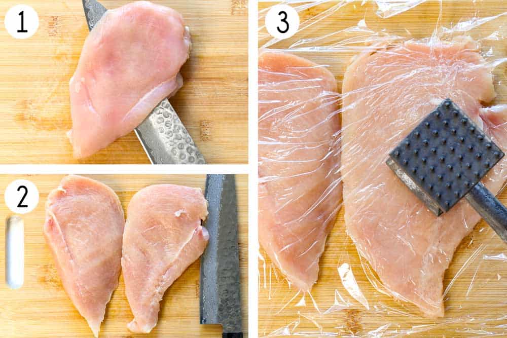 a collage showing how to make chicken Milanese by cutting the chicken breast in half lengthwise, then pounding to ⅛ thickness