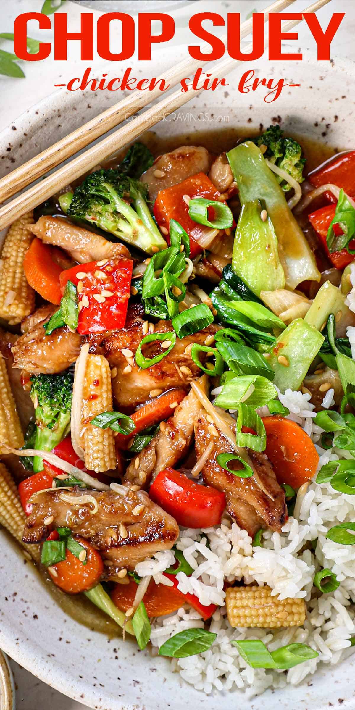 top view of serving chop suey in a bowl with rice