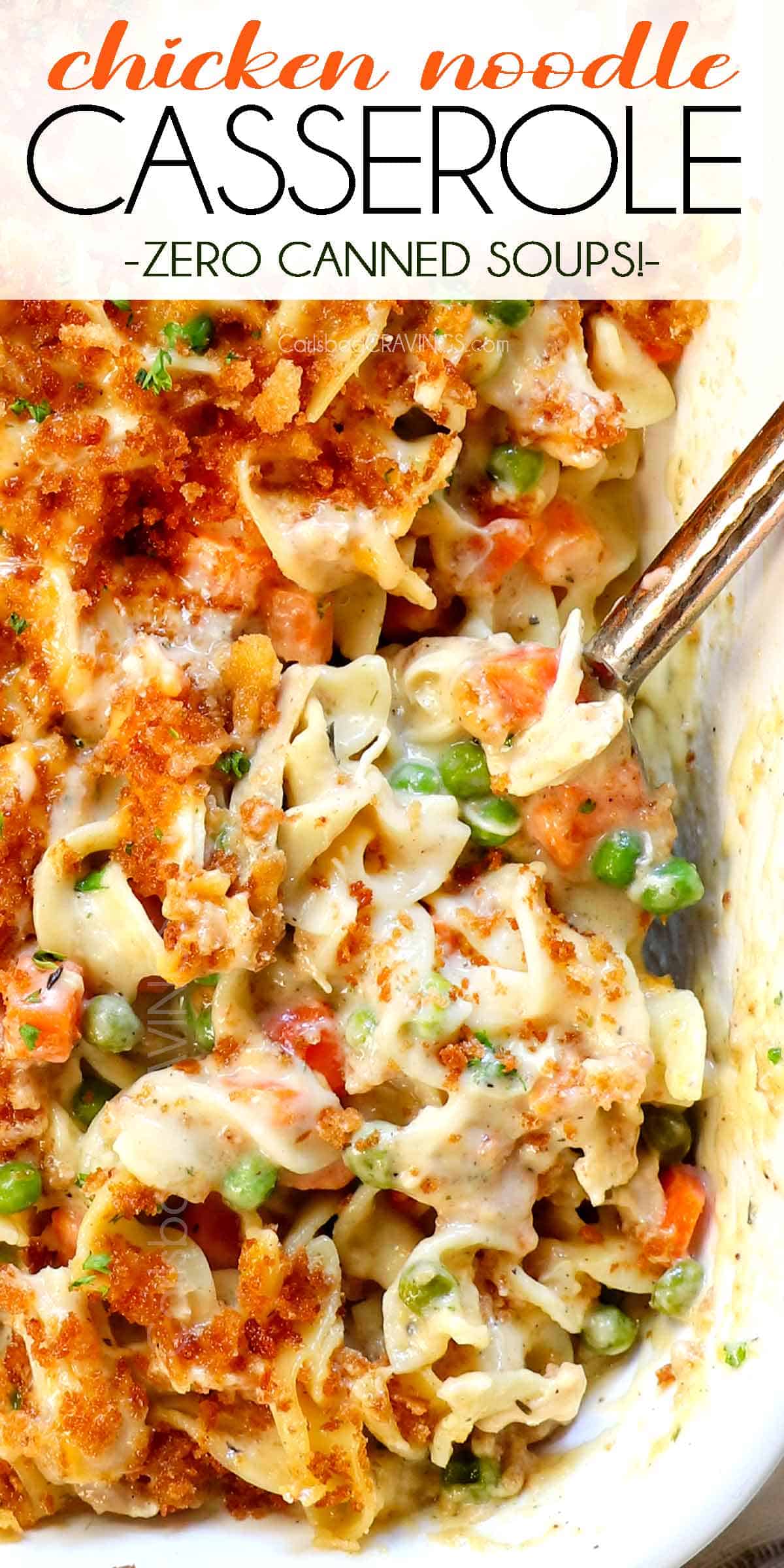 top view of chicken noodle casserole in a baking dish topped with crispy panko topping