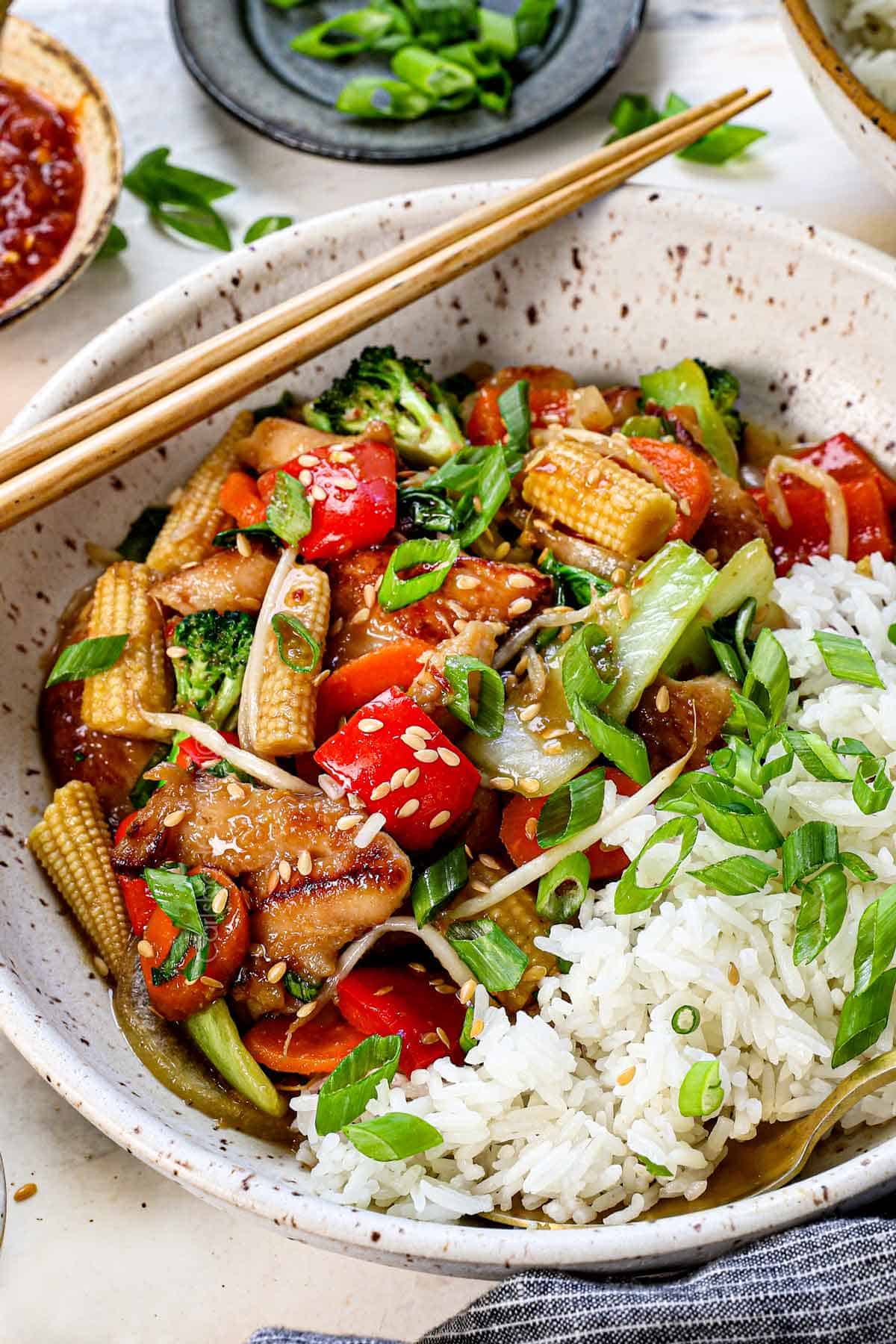 chicken chop suey served in a bowl with vegetables and chicken