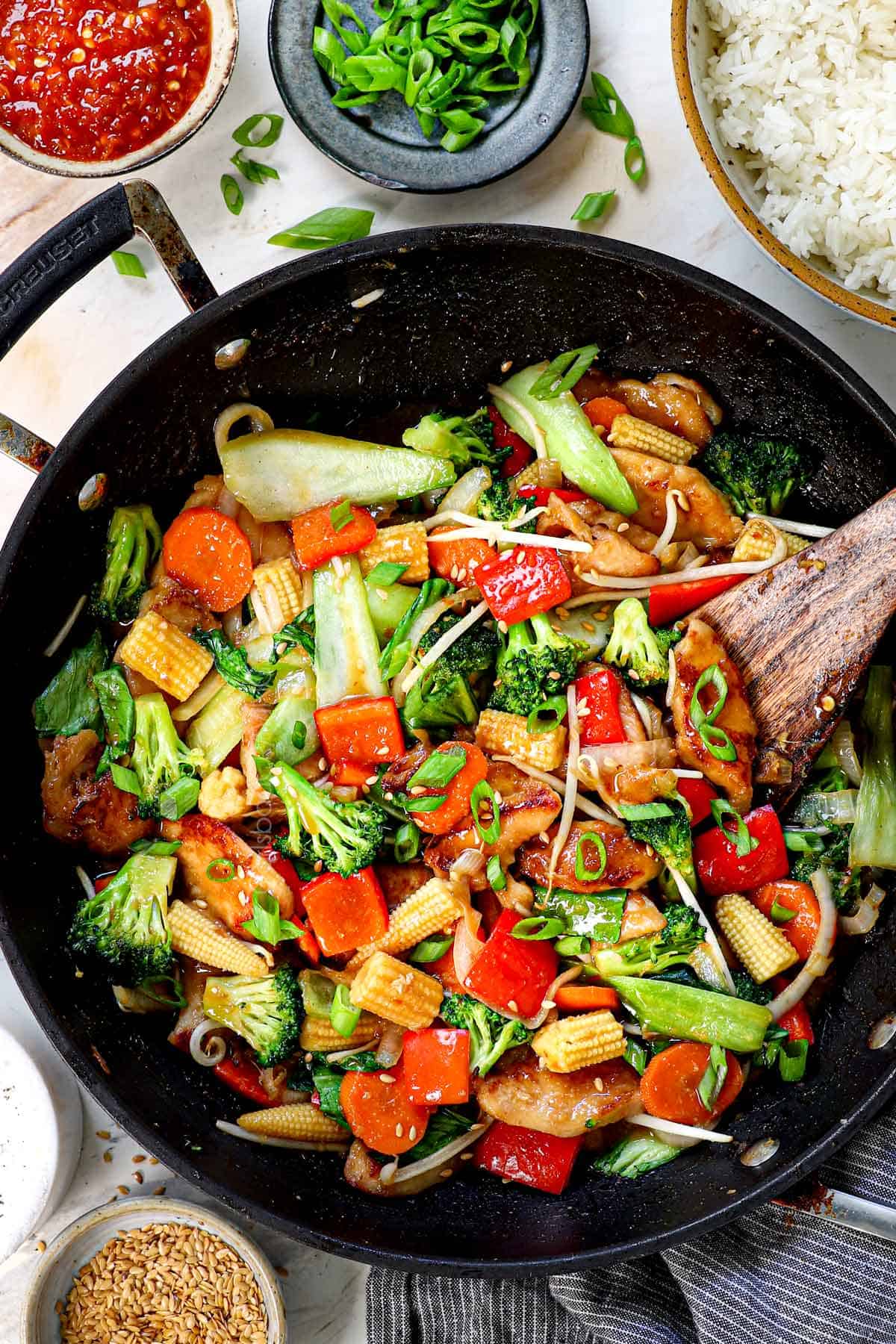 top view of chop suey recipe in a skillet