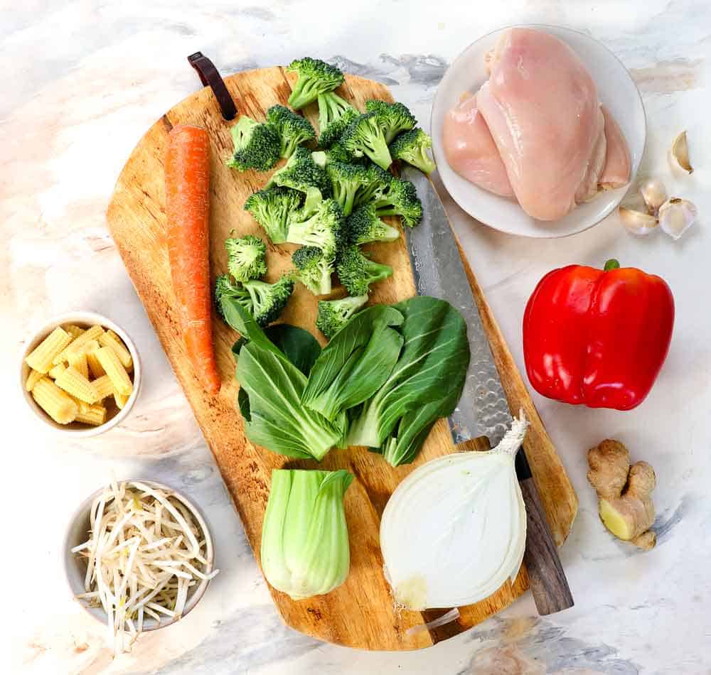 top view of chop suey ingredients: chicken breasts, bok choy, bell peppers, broccoli, carrots, bell pepper, sprouts, baby corn ginger, garlic