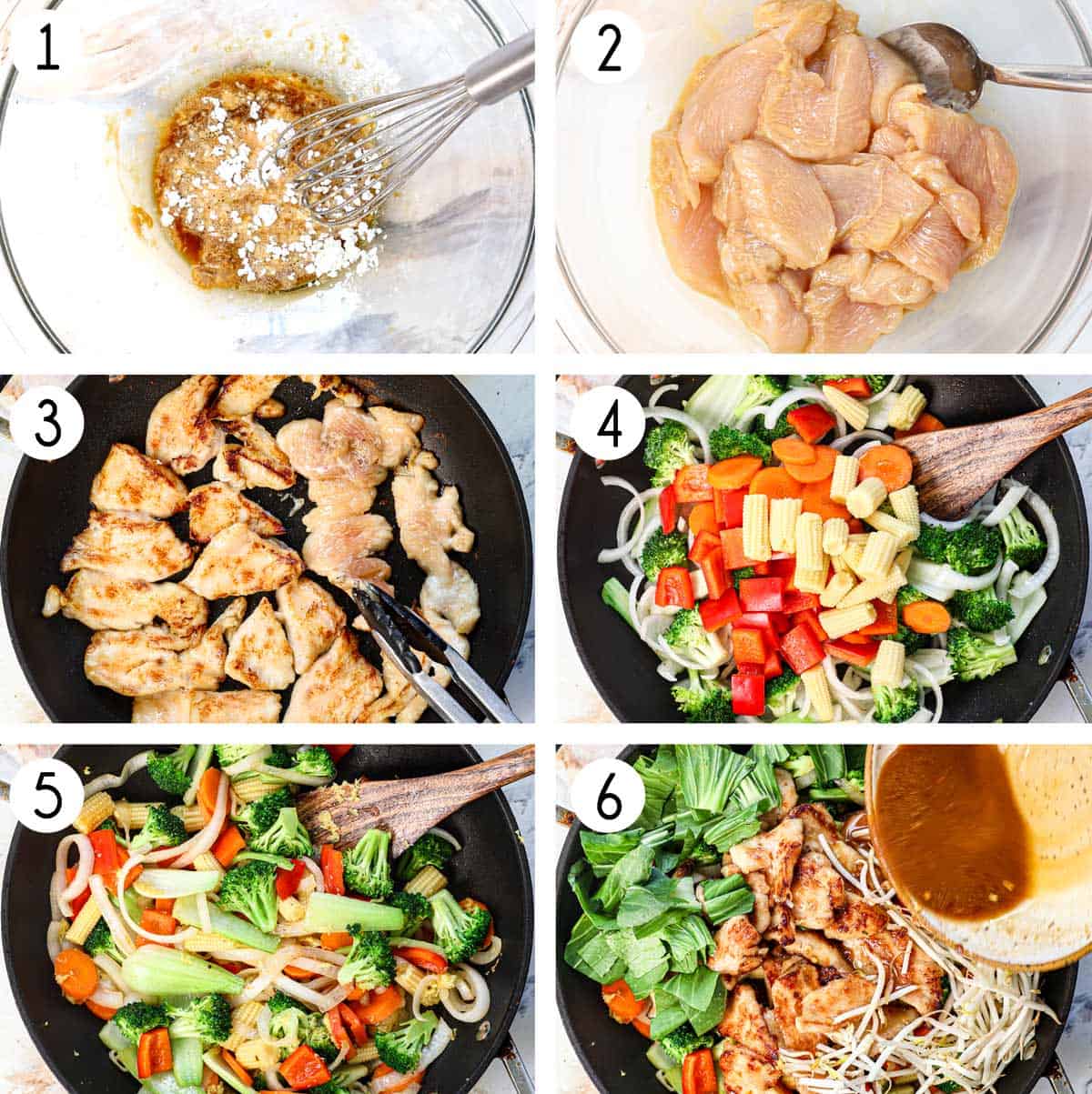 a collage showing how to make chop suey by: 1. whisking all the velveting ingredients together in a bowl, 2. adding the chicken to coat in the ingredients, 3. searing the chicken in a single layer in a pan, 4. adding the onion, corn, bok cho, 5. stir frying the carrots bell peppers and broccoli, 6. adding the sauce, chicken and sprouts