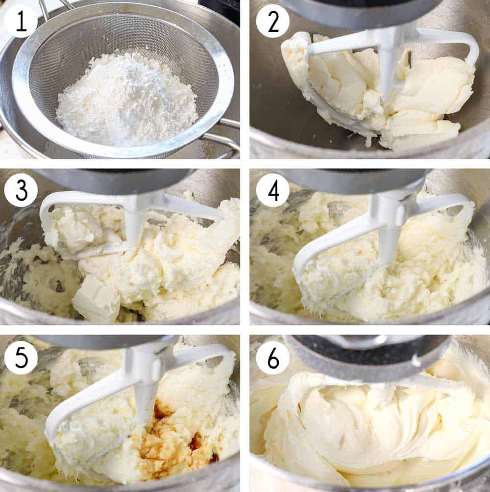 a collage showing how to make cream cheese frosting by 1. sifting the powdered sugar into the mixing bowl and adding the butter, 2. mixing for 3 minutes until it's cohesive, 4. adding the cream cheese one piece at a time 5. adding the vanilla and salt, 6. mixing until smooth