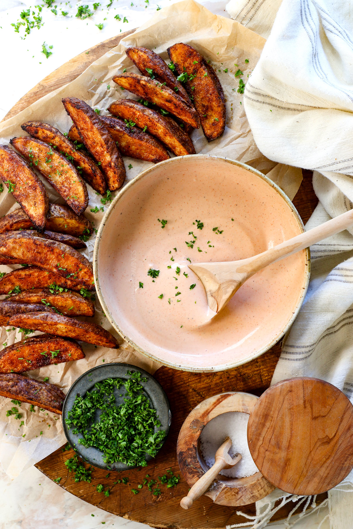 top view of fry sauce being served with fries on a platter