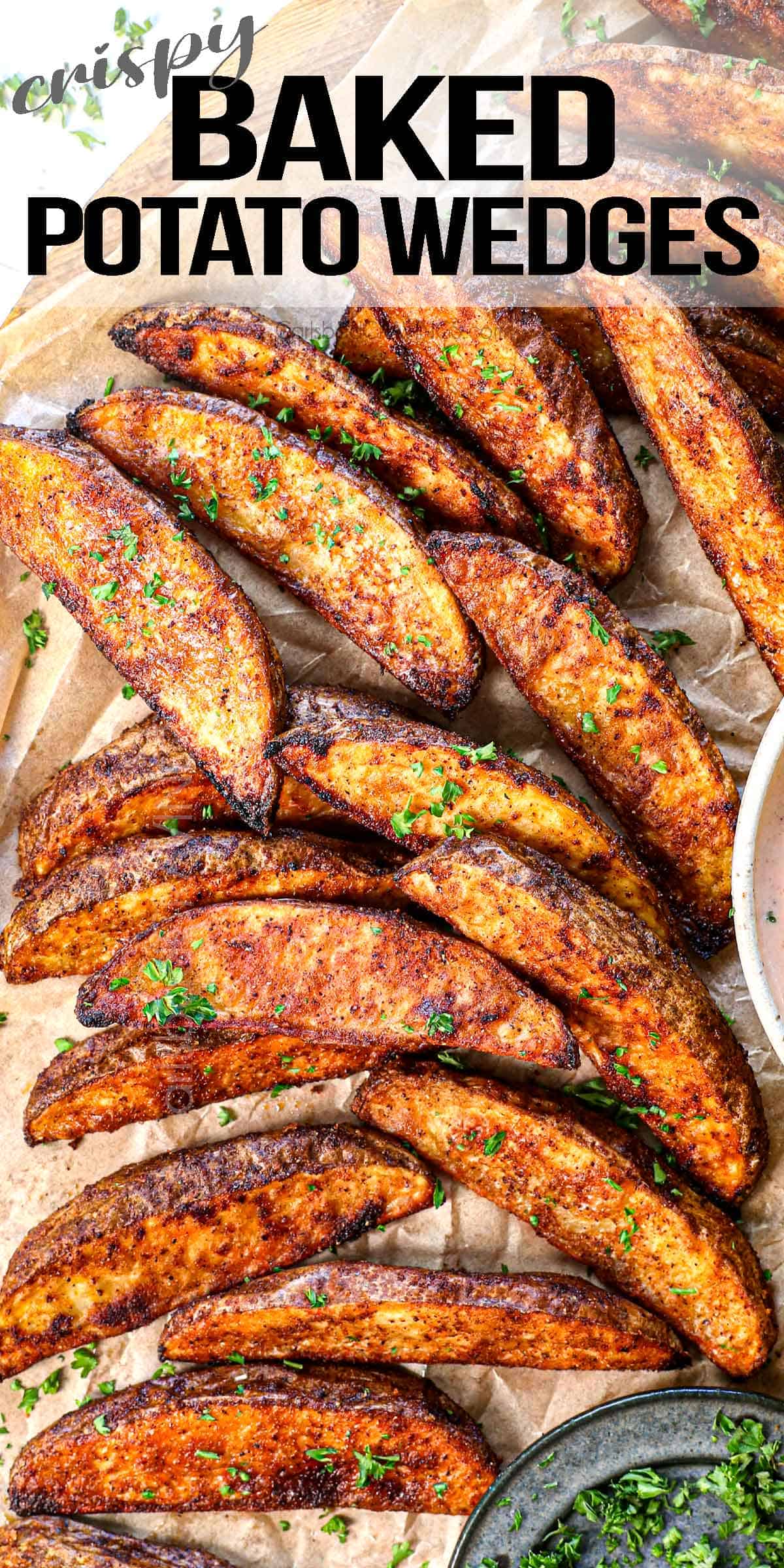top view of potato wedges showing the deeply golden color